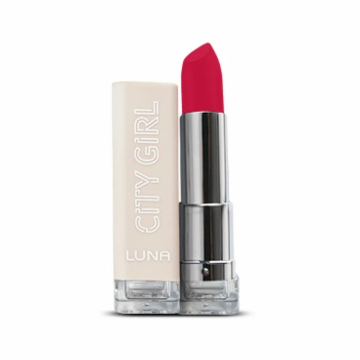 Refect Beauty Luna City Girl creamy matte lipstick in a vibrant pink shade with a sleek beige tube and silver base.
