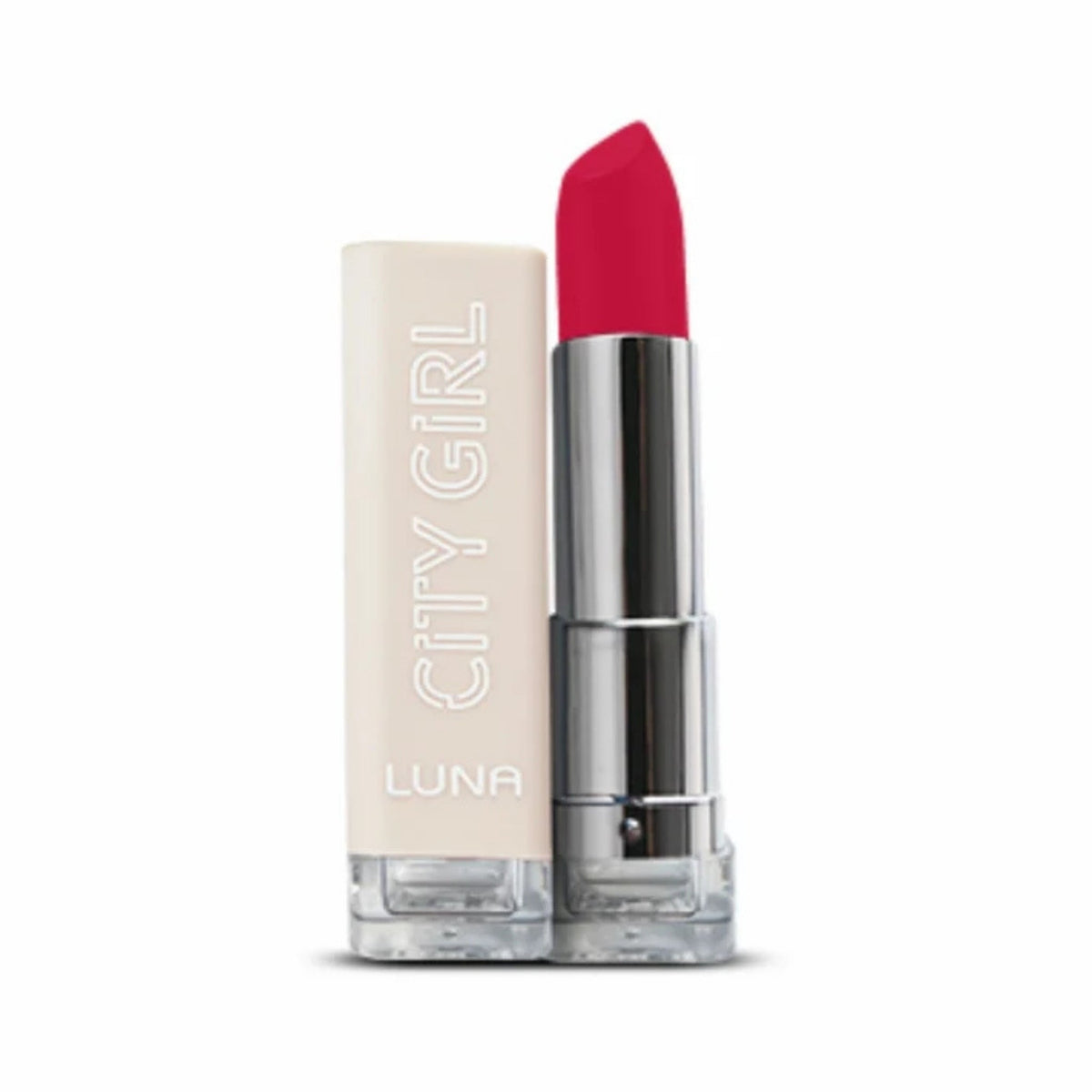 Refect Beauty Luna City Girl creamy matte lipstick in a vibrant pink shade with a sleek beige and silver tube.