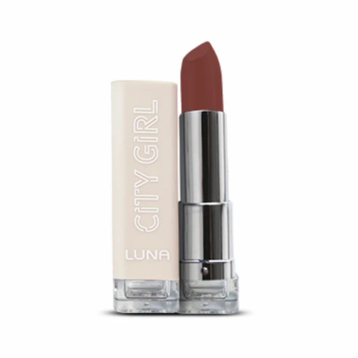 Refect Beauty Luna City Girl creamy matte lipstick in a deep mauve shade with a sleek beige tube and silver base.