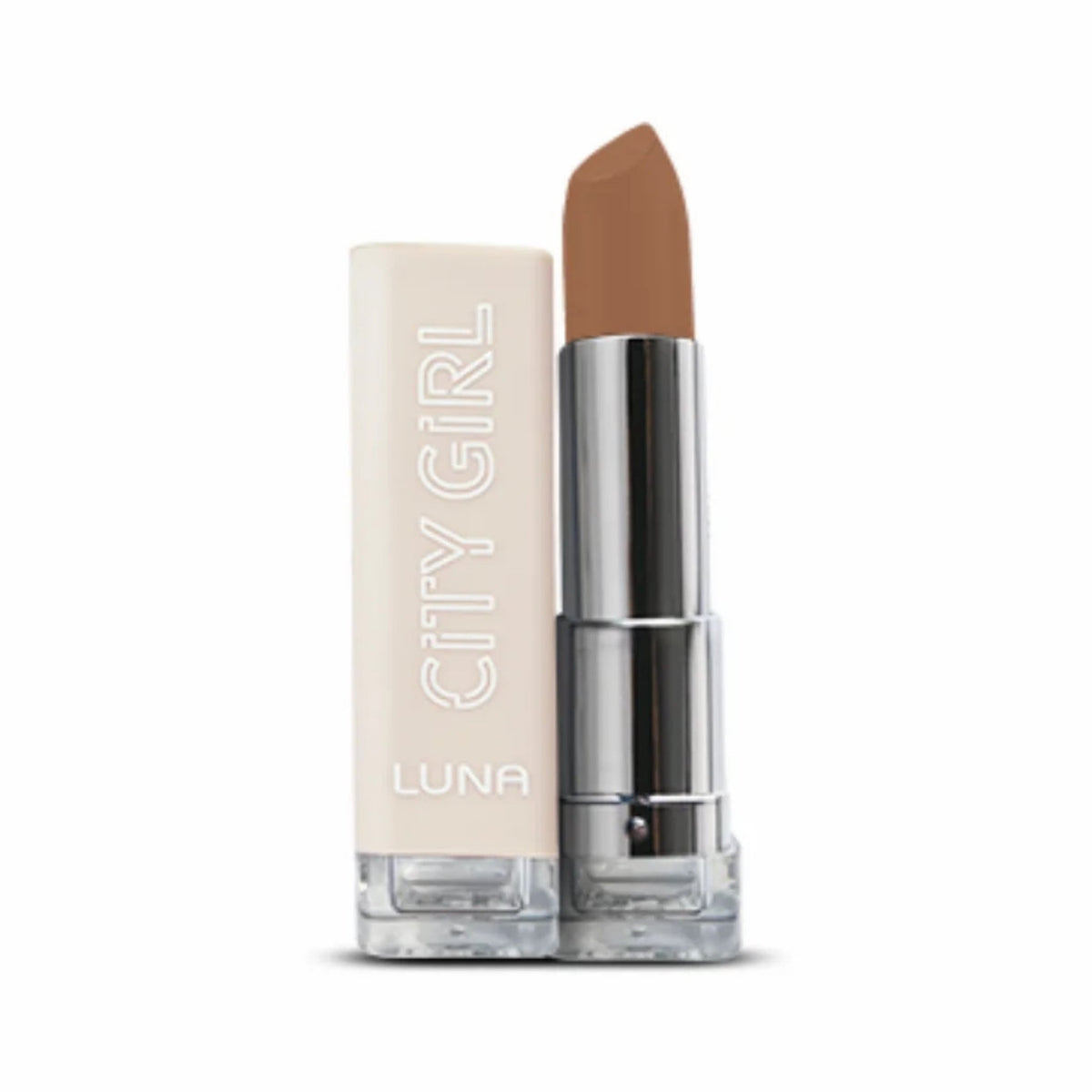 Refect Beauty Luna City Girl creamy matte lipstick in a neutral nude shade with a sleek, light-colored tube.