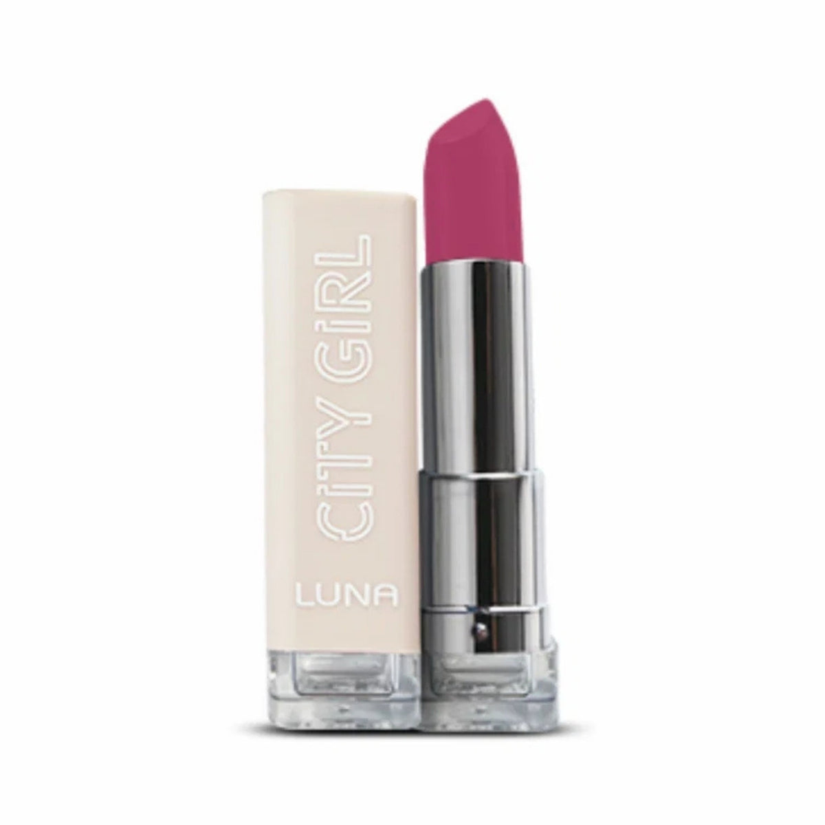 Refect Beauty Luna City Girl creamy matte lipstick in a vibrant berry pink shade with a sleek beige tube case.