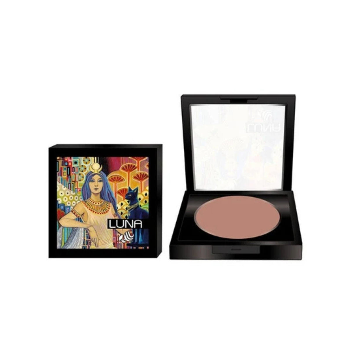 Refect Beauty Luna 3D Compact Powder in a black case with Egyptian-themed art on the lid and a matte finish powder.