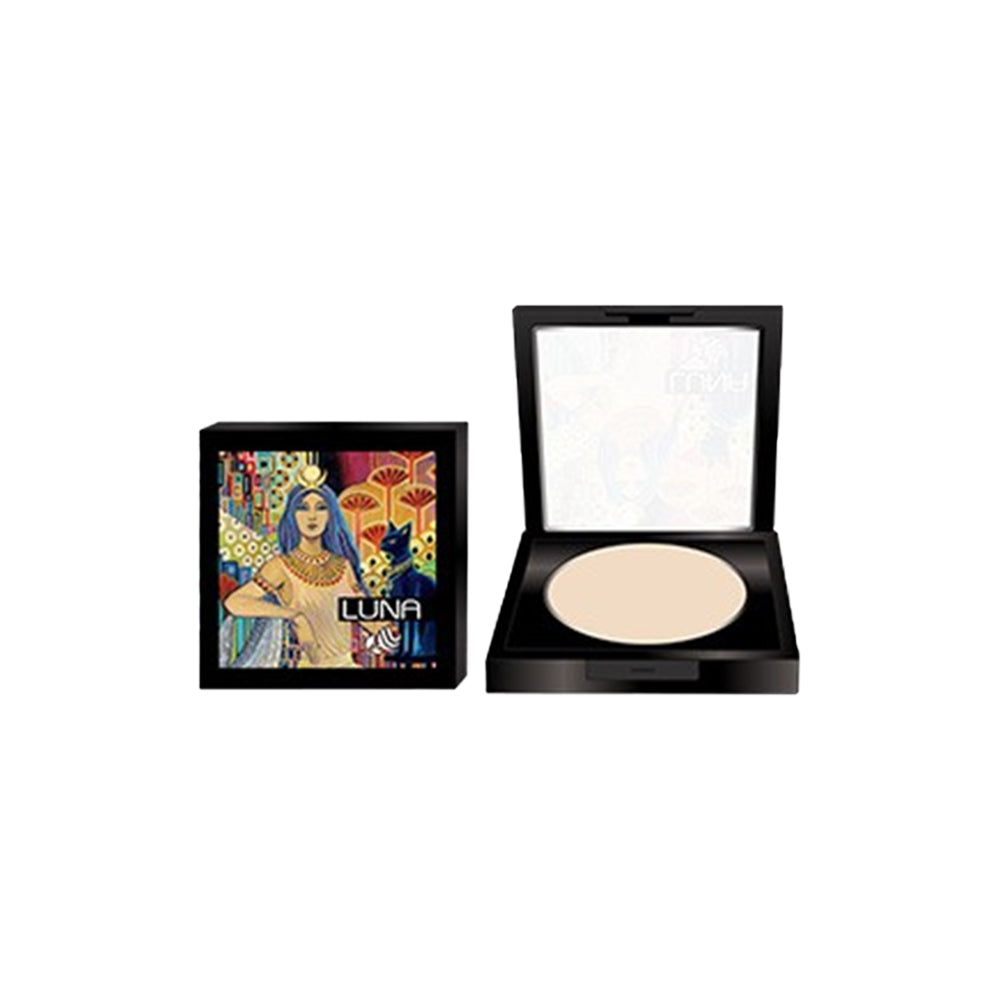 Refect Beauty LUNA compact powder in a black case with Egyptian-themed artwork on the lid for a matte finish.