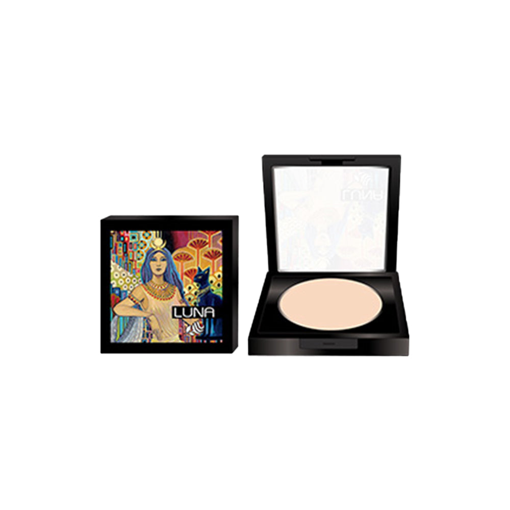 Refect Beauty LUNA compact powder in a square black case with artistic Egyptian-themed packaging and mirror.