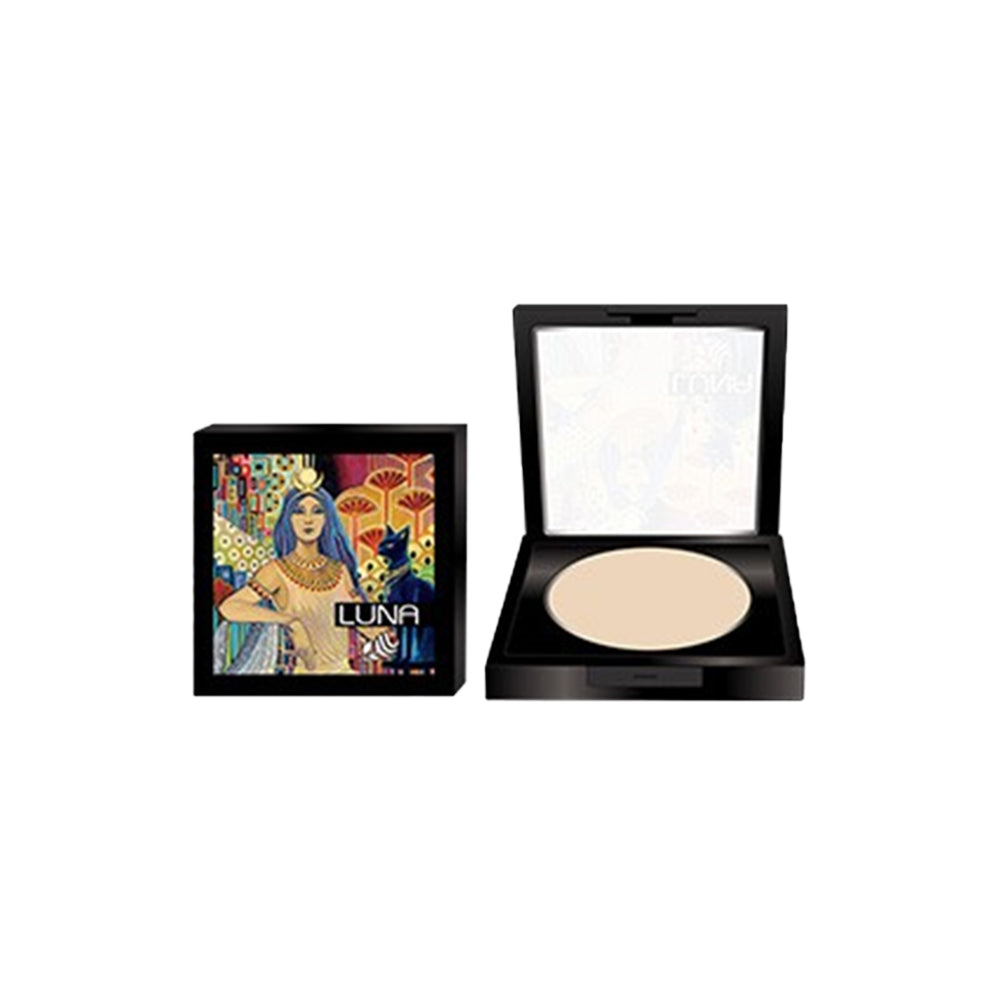 Refect Beauty LUNA compact powder featuring an artistic Egyptian-themed case and a matte setting powder inside.