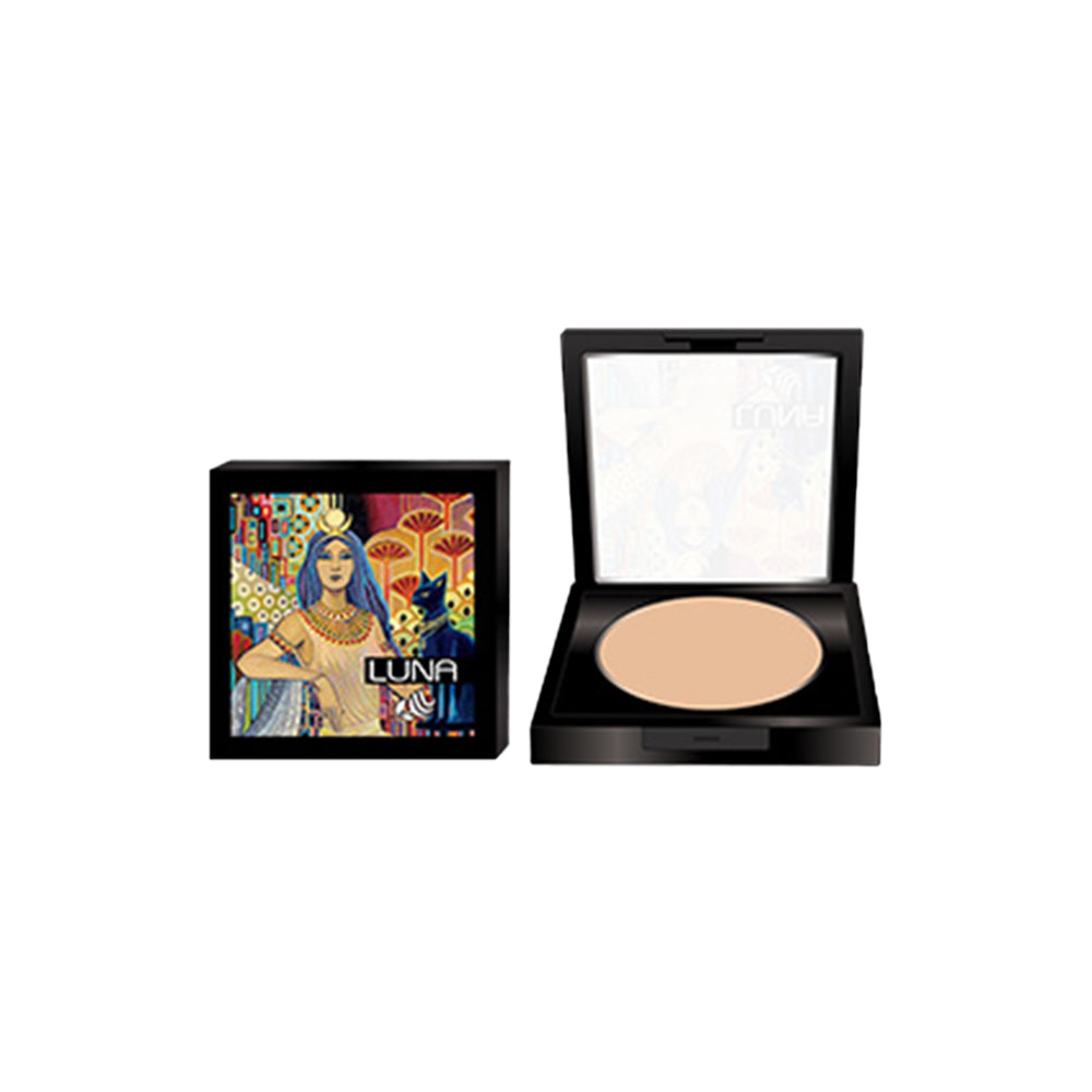 Refect Beauty LUNA compact powder in a square black case with artistic Egyptian-themed packaging and matte finish.