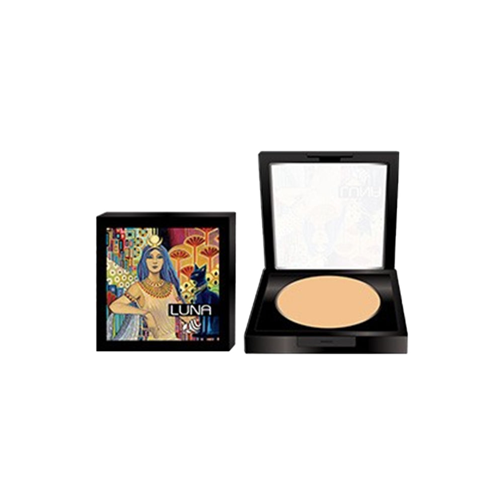 Refect Beauty LUNA compact powder in a black case with an artistic Egyptian-themed box for a matte finish.