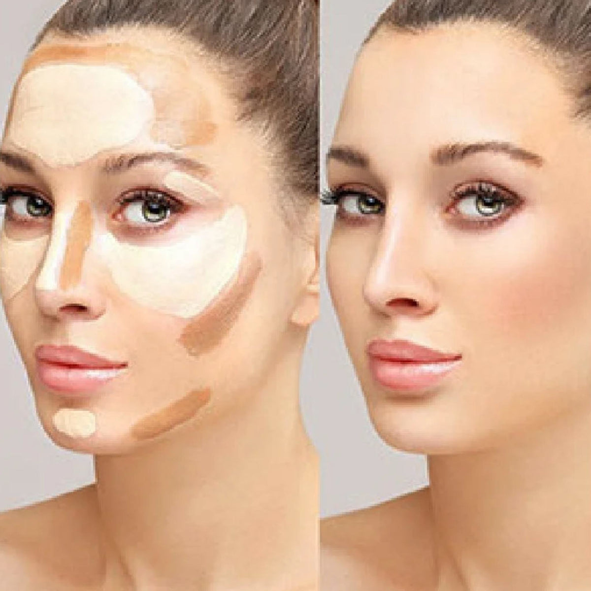 Refect Beauty LUNA Contour Set showing a model before and after applying face sculpting makeup for defined features.