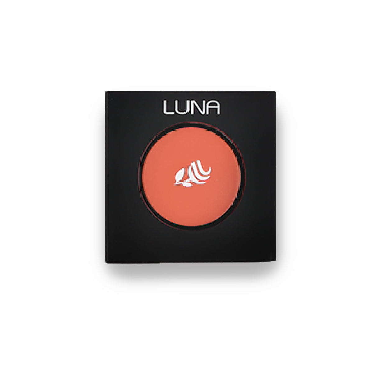 Refect Beauty LUNA eyeshadow in a vibrant coral shade housed in a sleek black square compact with a leaf logo.