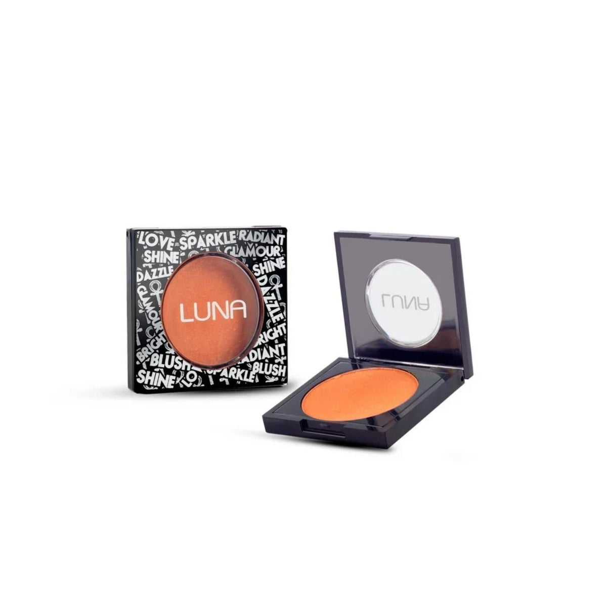 Refect Beauty LUNA powder blush in a vibrant coral shade with its black patterned compact and matching outer box