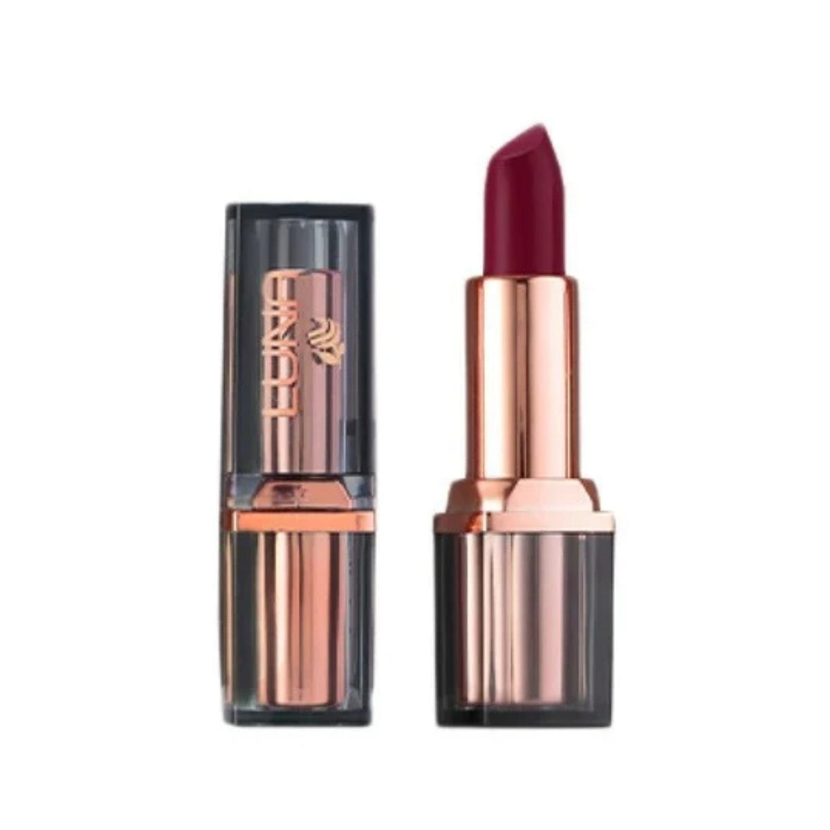 Refect Beauty LUNA extra creamy lipstick in a deep berry shade with a rose gold metallic tube and black cap