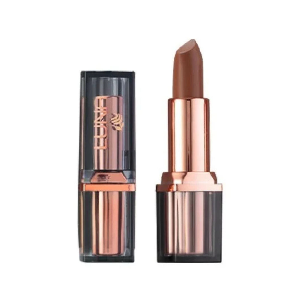 Refect Beauty LUNA Extra Creamy lipstick in a warm brown shade with a metallic rose gold and black tube case