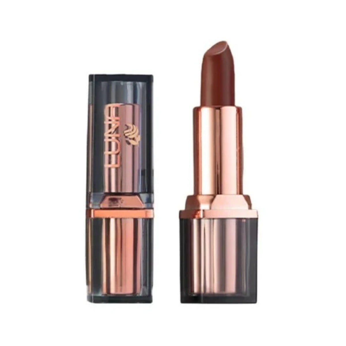 Refect Beauty LUNA Extra Creamy lipstick in a deep brown shade with a rose gold and translucent black case