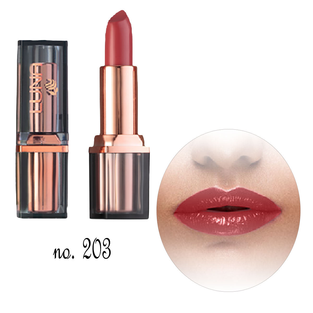 Refect Beauty LUNA Extra Creamy lipstick in shade 203, a vibrant red, shown with its metallic rose gold case.