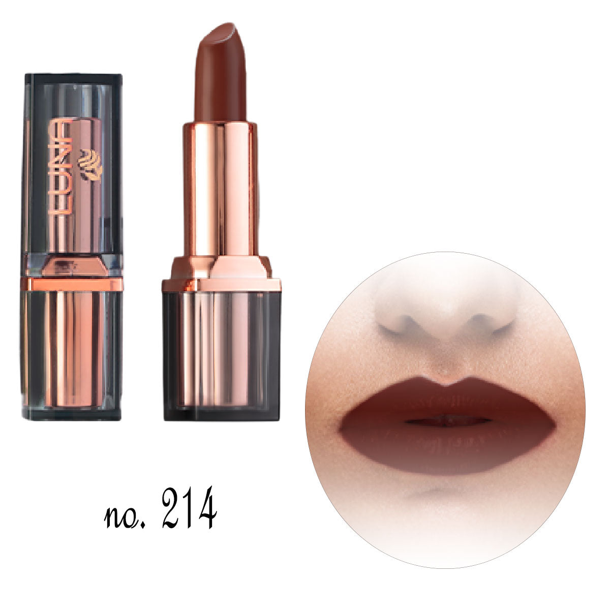 Refect Beauty LUNA extra creamy lipstick in deep brown shade no. 214 with rose gold packaging and lip swatch