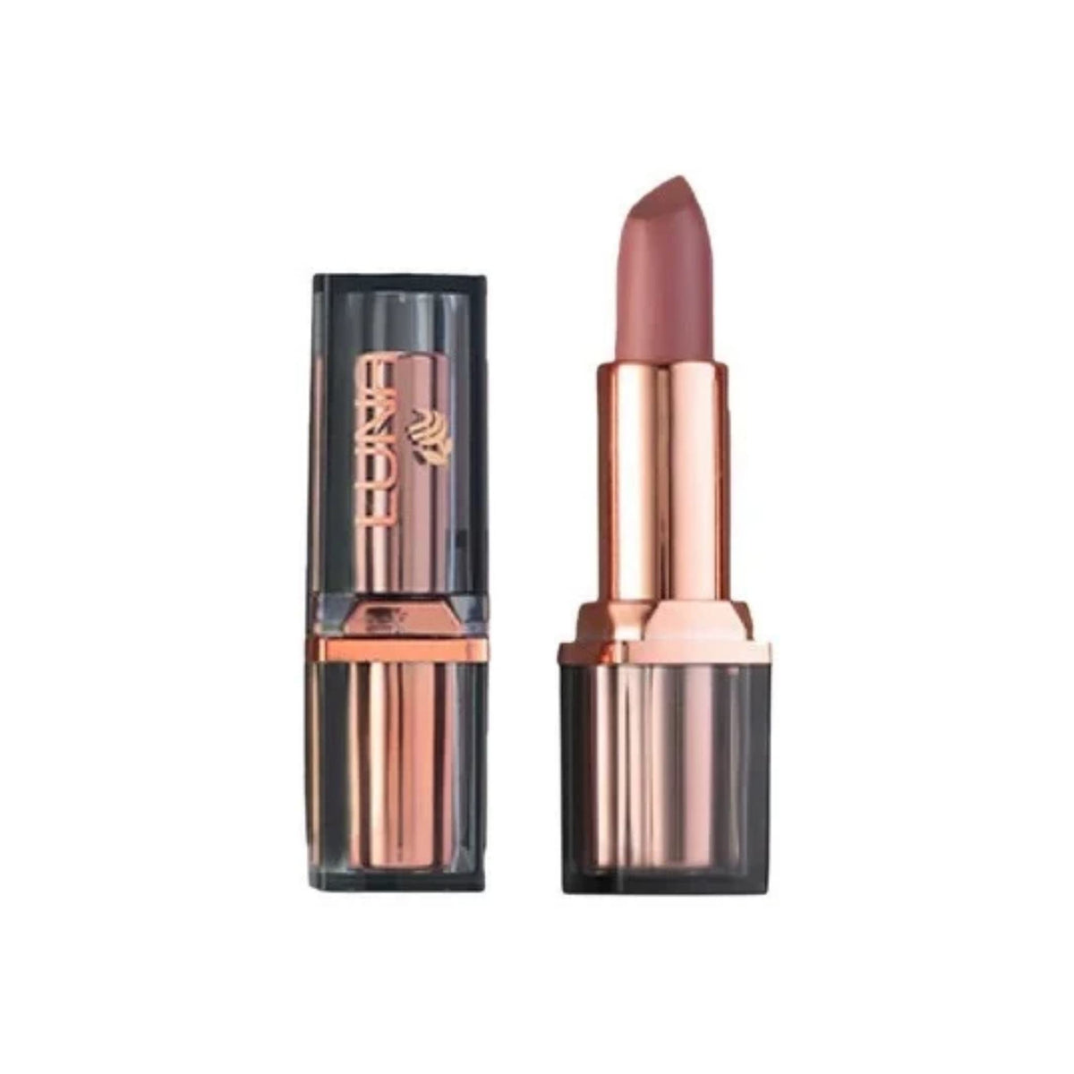 Refect Beauty LUNA Extra Creamy lipstick in a mauve shade with a rose gold and translucent black casing.