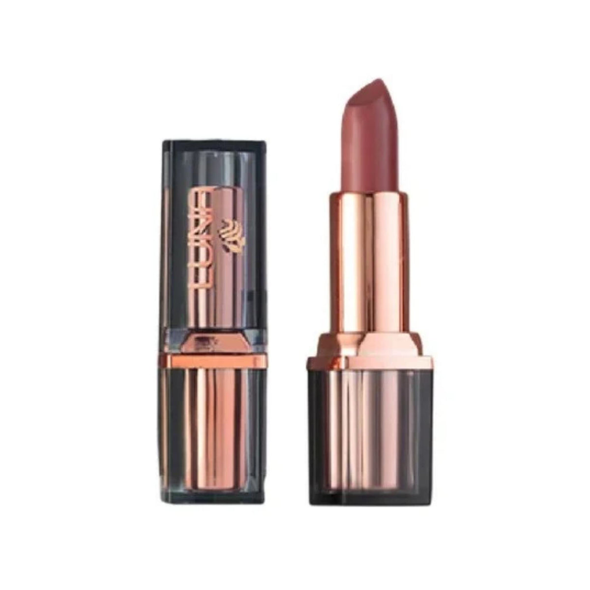 Refect Beauty LUNA extra creamy lipstick in a muted mauve shade with a metallic rose gold and black casing
