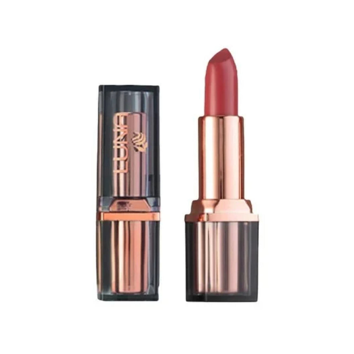 Refect Beauty LUNA extra creamy lipstick in a deep rose shade with a metallic rose gold and translucent black case.