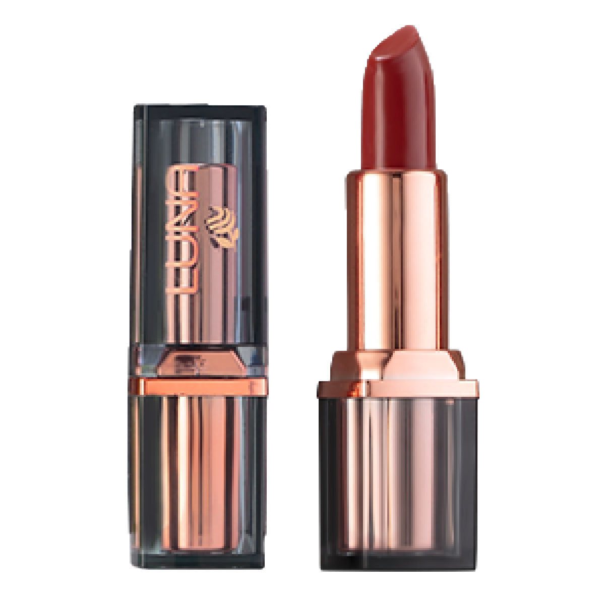 Refect Beauty LUNA Extra Creamy lipstick in a deep red shade with a rose gold and translucent black tube.