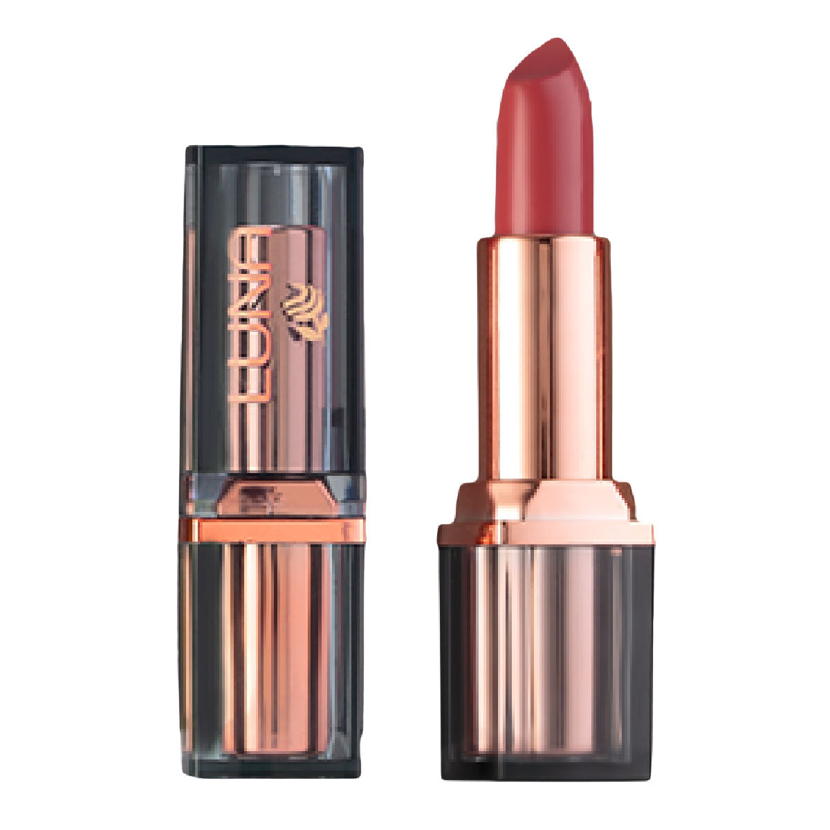 Refect Beauty LUNA Extra Creamy lipstick in a vibrant rose shade with a sleek metallic and transparent case.