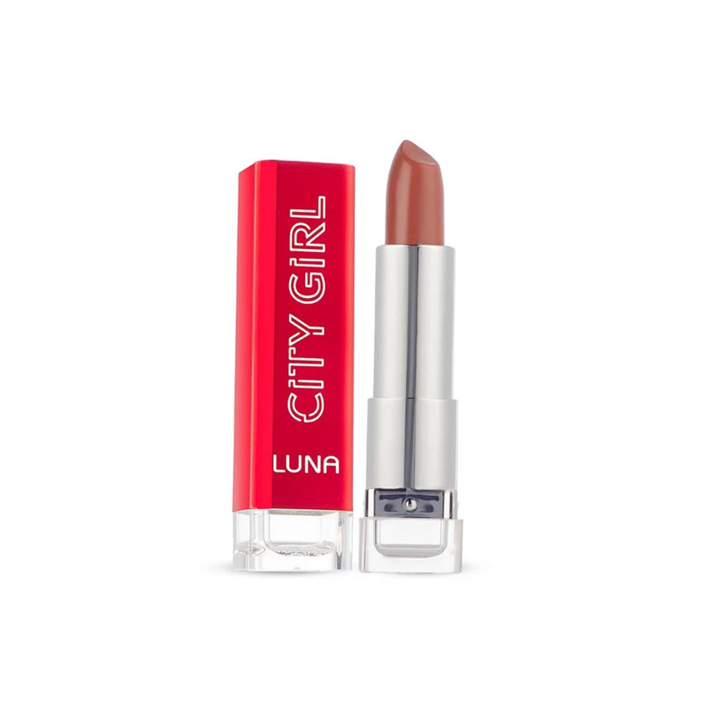 Refect Beauty Luna Creamy City Girl lipstick in a nude shade with a vibrant red cap and silver casing.