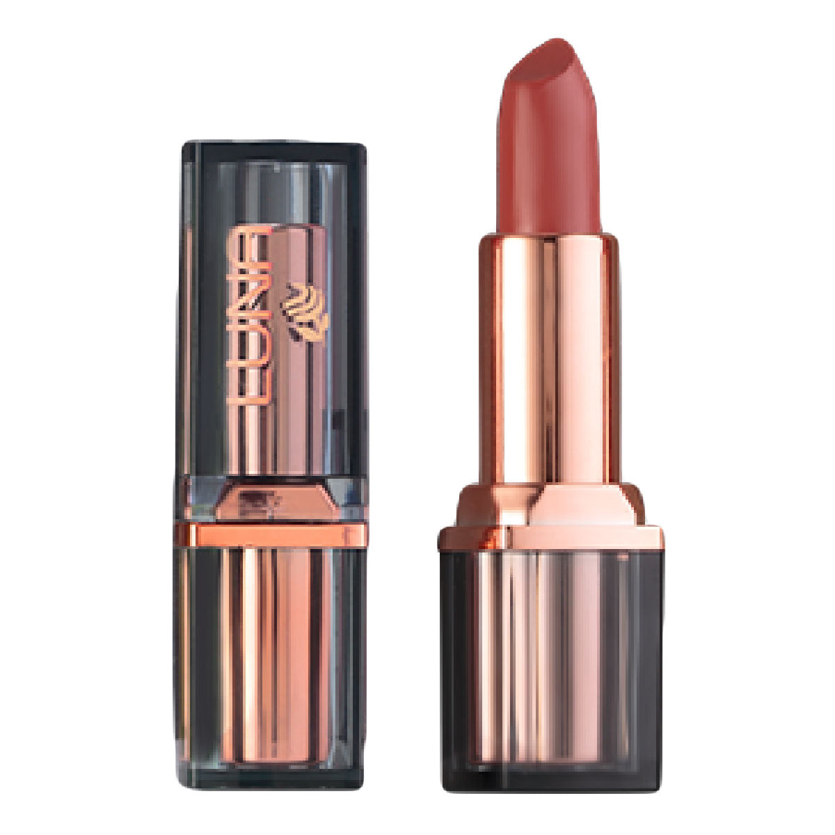Refect Beauty LUNA extra creamy lipstick in a rich rose-brown shade with a metallic rose gold and black case.