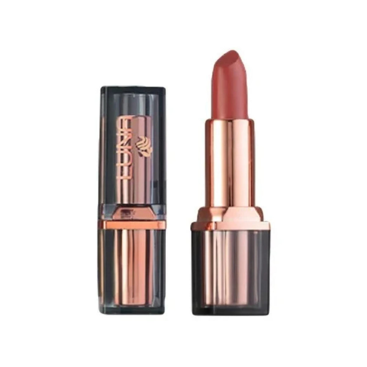 Refect Beauty LUNA extra creamy lipstick in a warm rose shade with a rose gold metallic tube and black cap