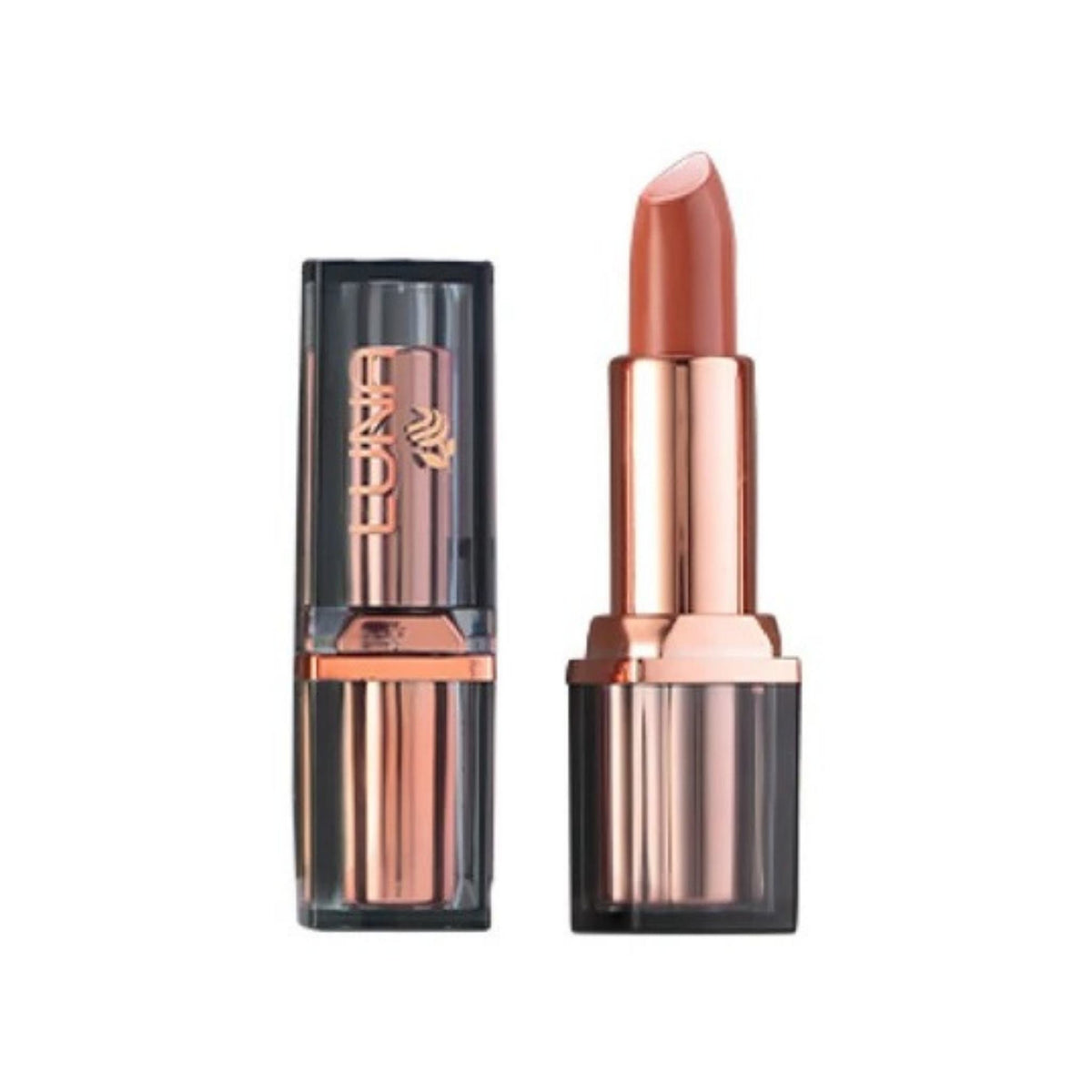 Refect Beauty LUNA extra creamy lipstick in a warm nude shade with a metallic rose gold and black case.