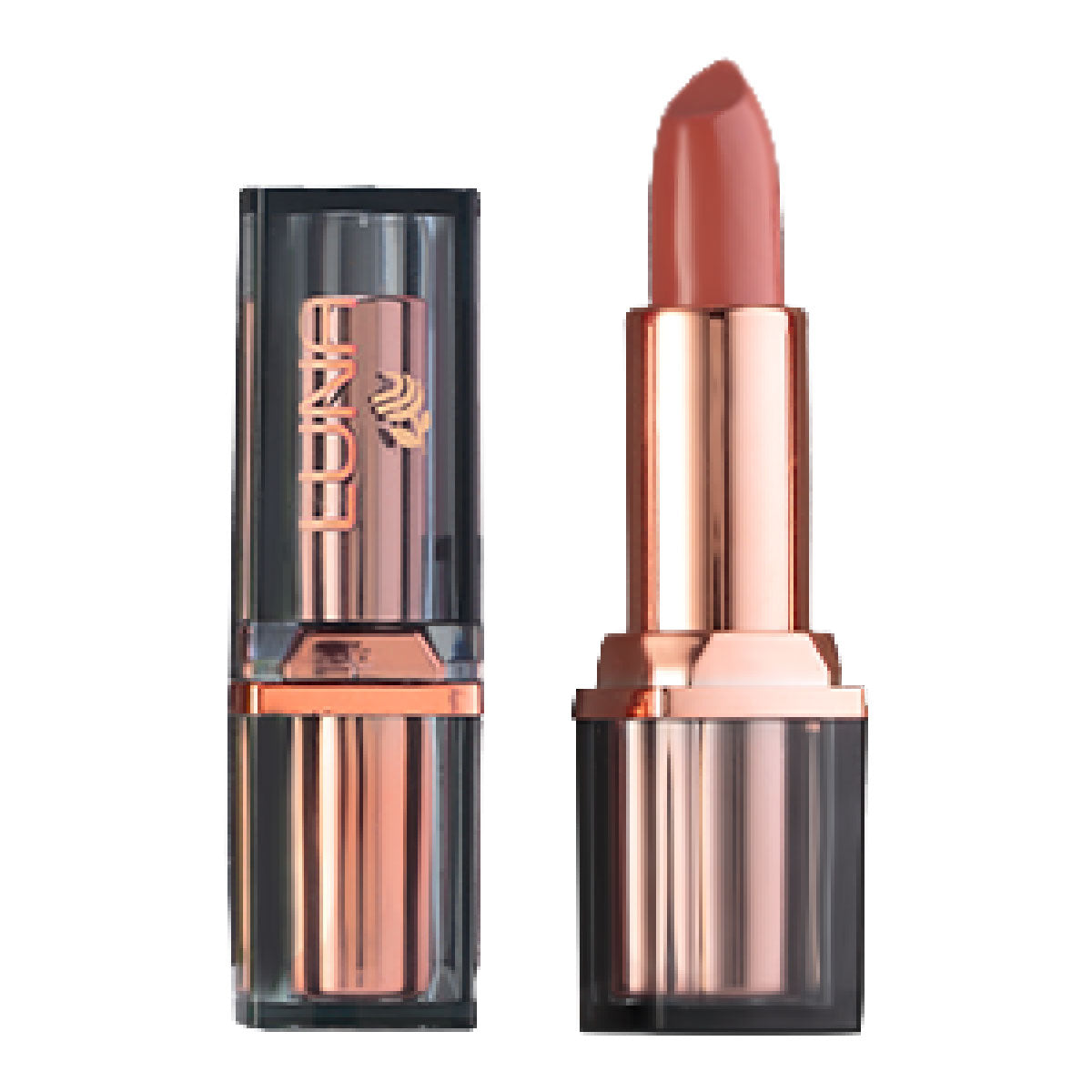 Refect Beauty LUNA Extra Creamy lipstick in a dusty rose shade with a sleek metallic rose gold and black case.