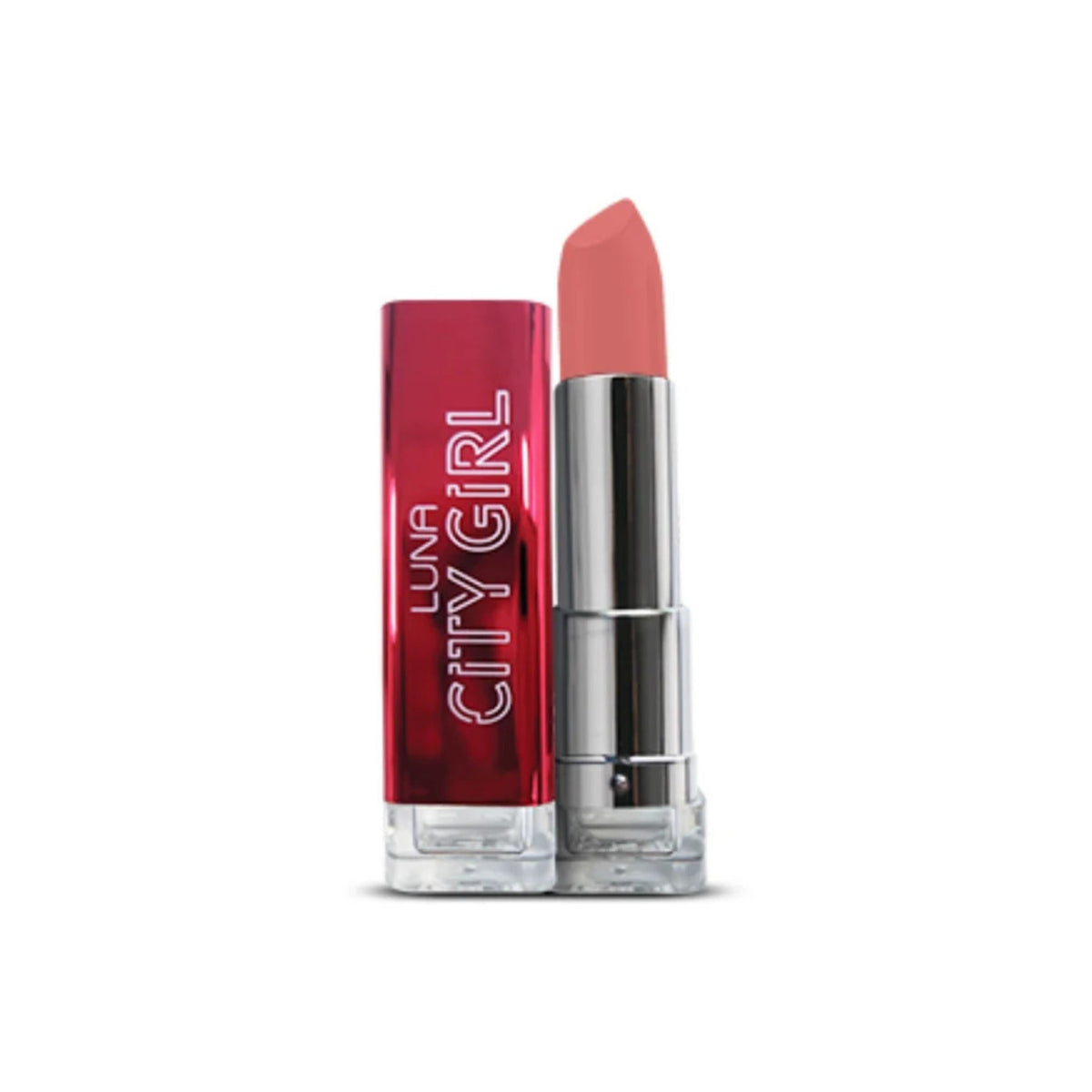 Refect Beauty Luna Creamy City Girl lipstick in a soft peach shade with a metallic red case and satin finish.