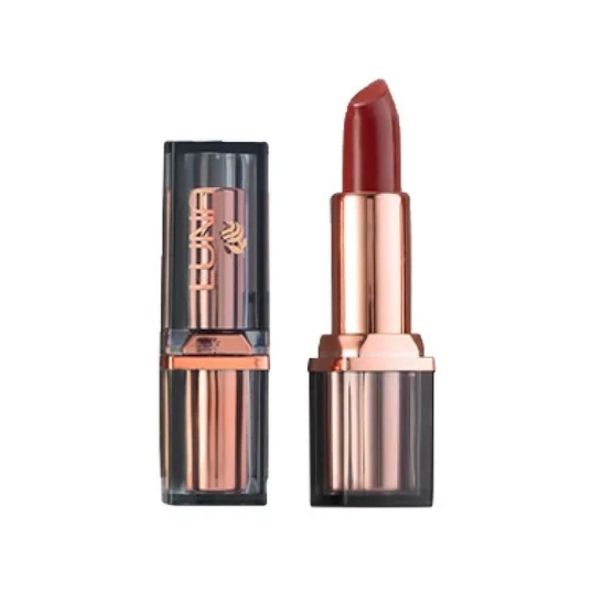 Refect Beauty LUNA Extra Creamy lipstick in a deep red shade with a rose gold metallic tube and translucent cap.