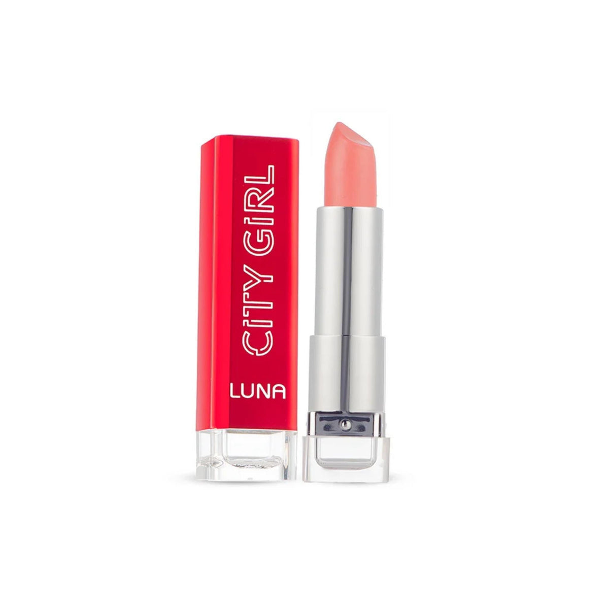 Refect Beauty Luna Creamy City Girl lipstick in a soft peach shade with a vibrant red tube and satin finish