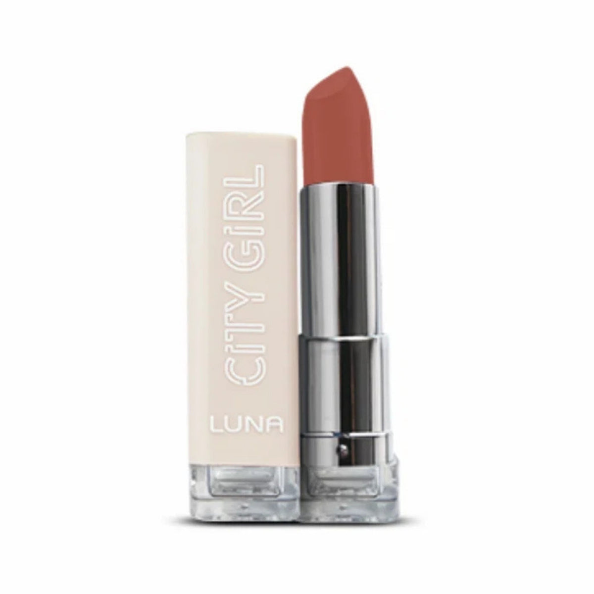 Refect Beauty Luna City Girl creamy matte lipstick in a warm nude shade with a smooth, velvety finish.
