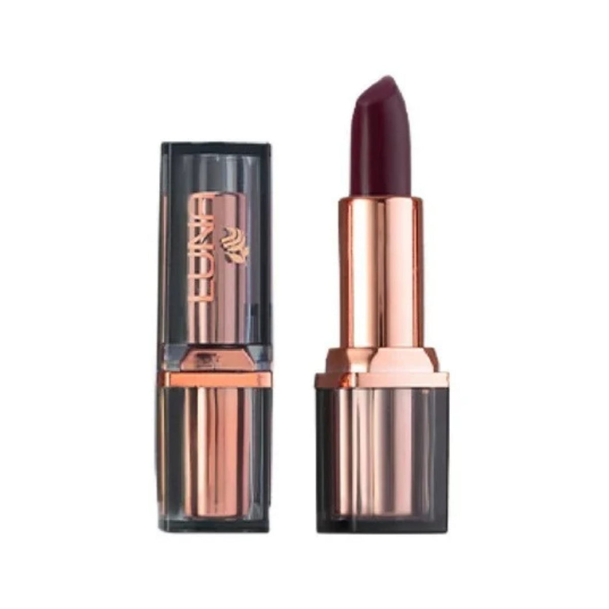 Refect Beauty LUNA Extra Creamy lipstick in a deep plum shade with a rose gold metallic tube and clear cap.