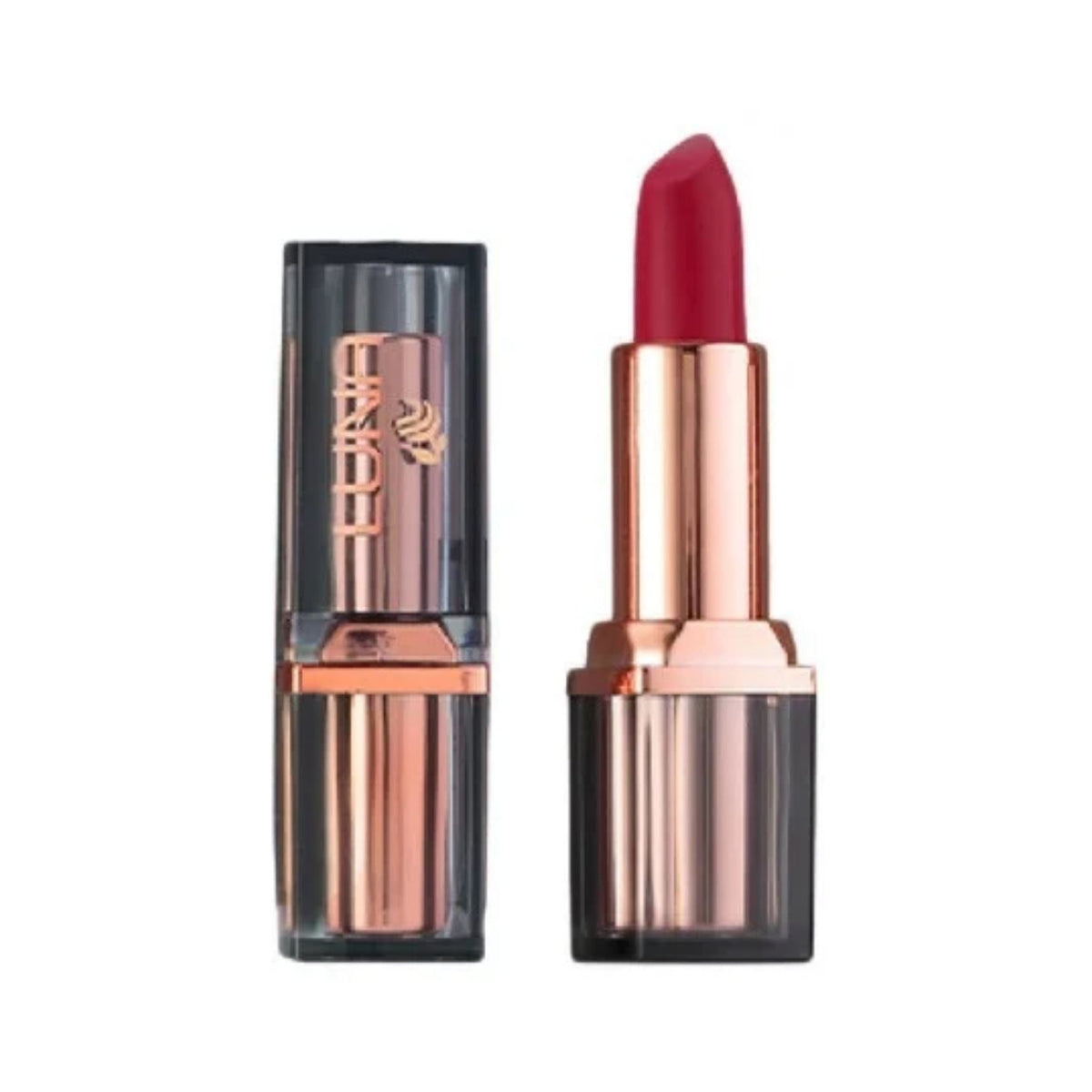 Refect Beauty LUNA Extra Creamy lipstick in a vibrant red shade with a rose gold and translucent black case
