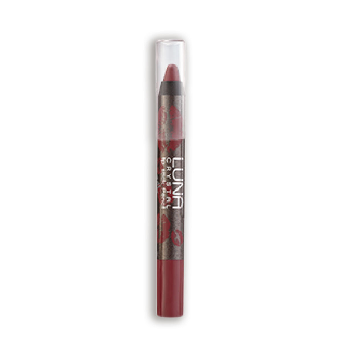 Refect Beauty LUNA Crystal Lipstick Pencil in a deep berry shade with a clear cap and kiss print design