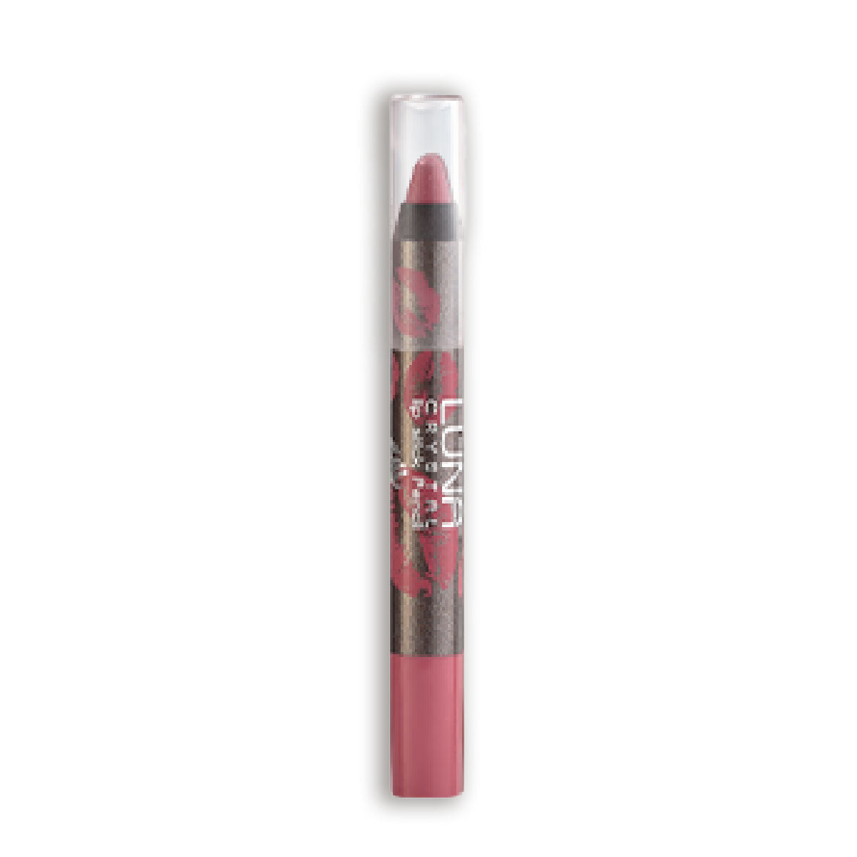 Refect Beauty LUNA Crystal Lipstick Pencil in a mauve pink shade with a clear cap and lip print design on the barrel.
