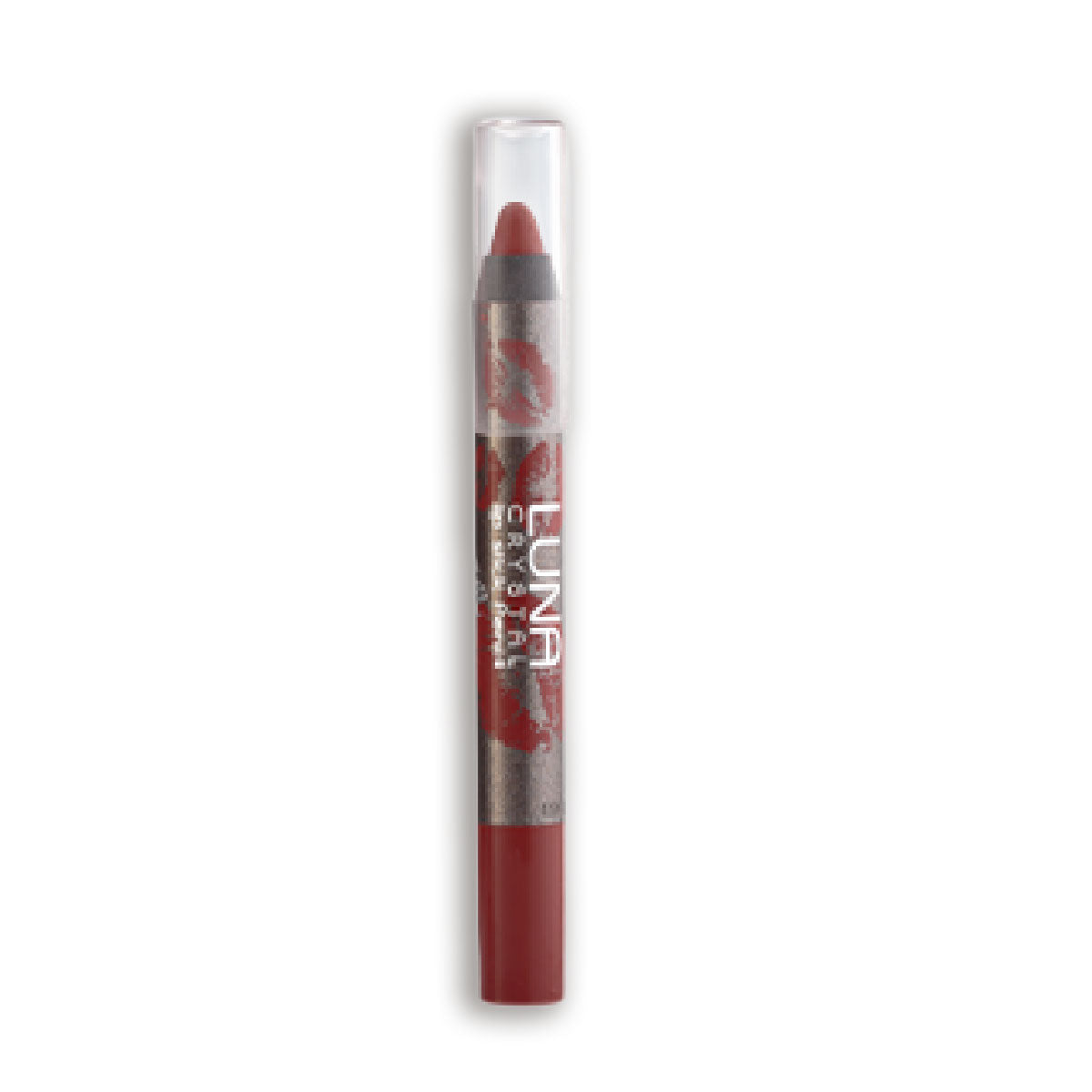 Refect Beauty LUNA Crystal Lipstick Pencil in a rich red shade with a clear cap and metallic grey barrel