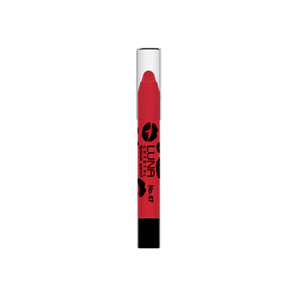 Refect Beauty Luna Crystal Lipstick Pencil in vibrant red with a clear cap and lip print design on the barrel.