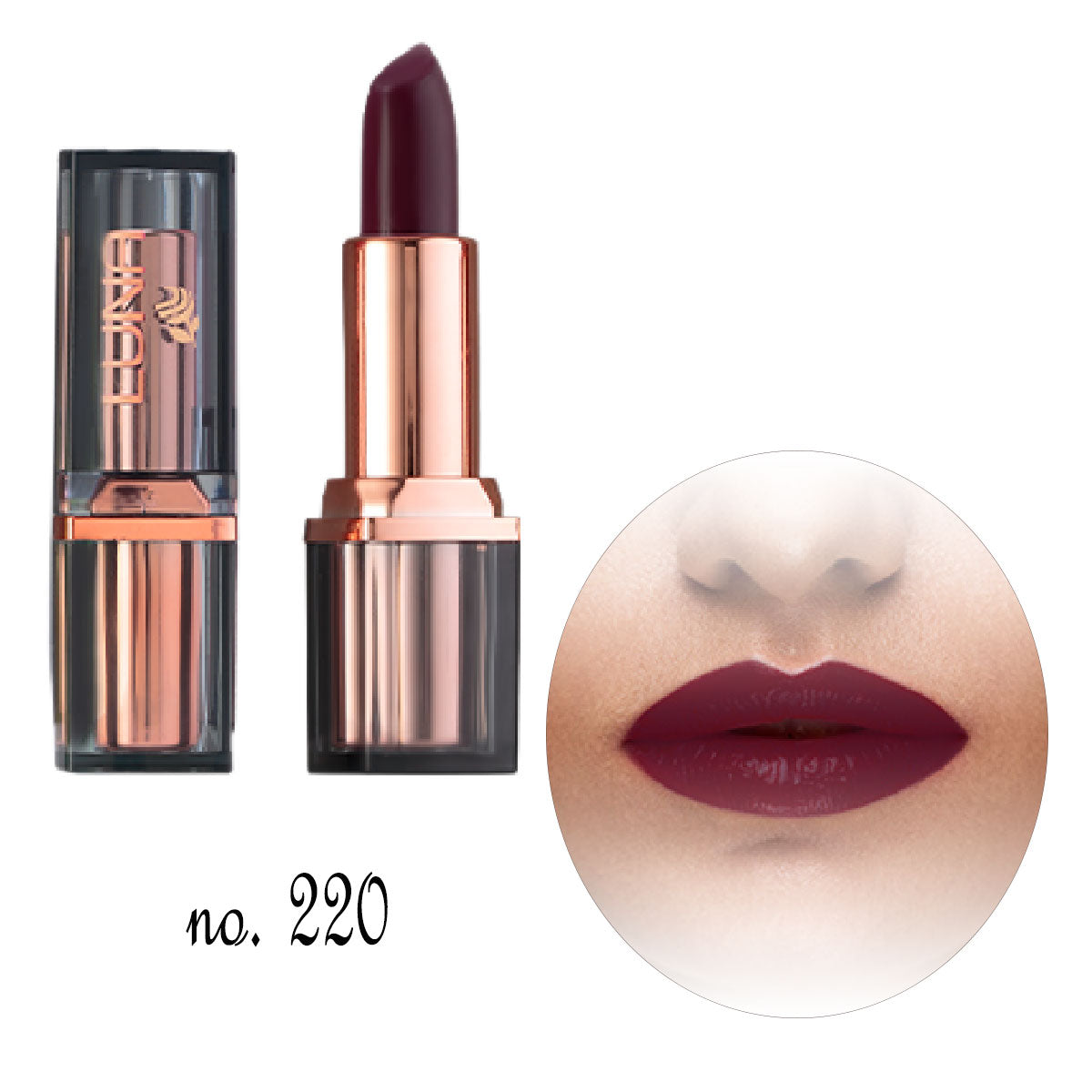 Refect Beauty LUNA Extra Creamy lipstick in deep berry shade 220 with rose gold packaging and swatch on lips
