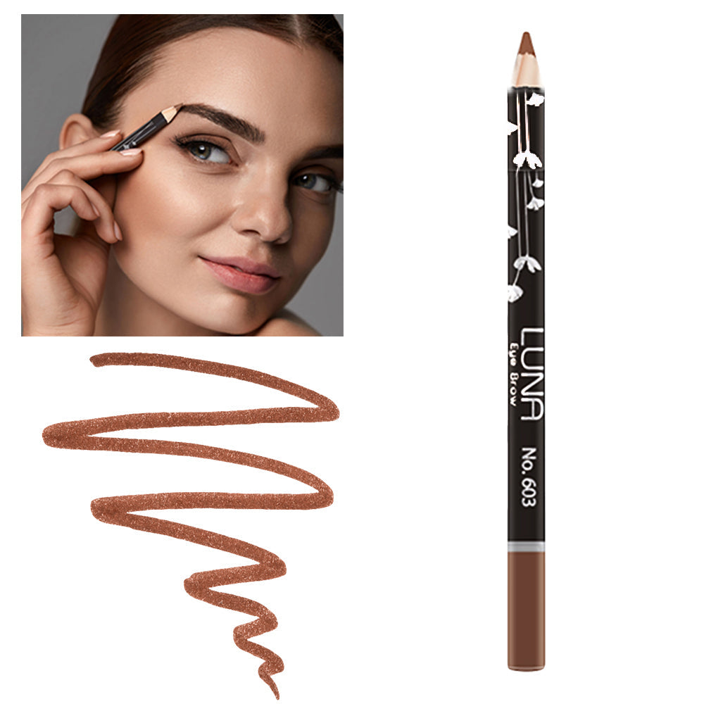 Refect Beauty LUNA eyebrow pencil in brown, shown with a model applying it and a swatch of the pigment.