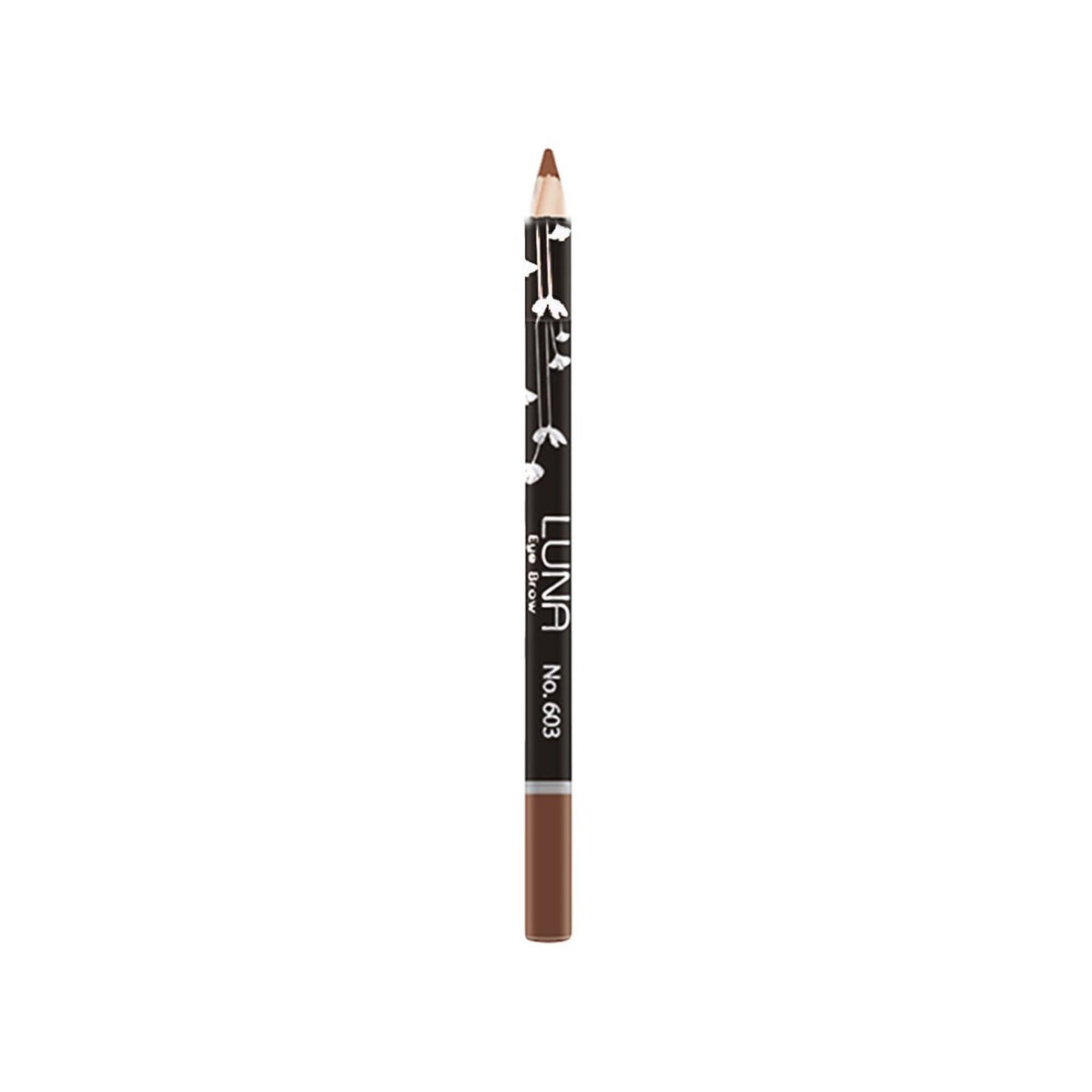 Refect Beauty LUNA Eye Brow Pencil in brown with a black floral patterned barrel for precise eyebrow definition