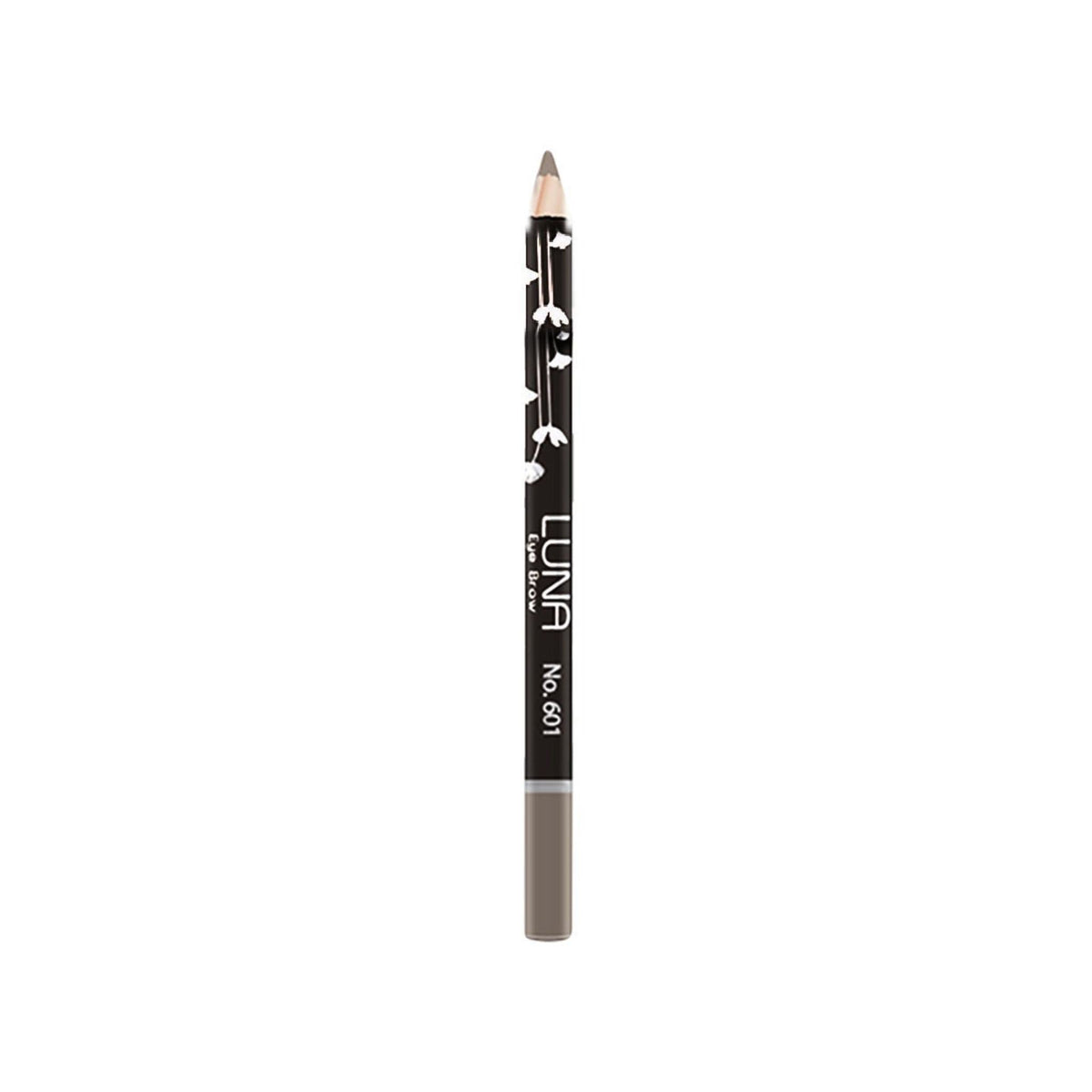 Refect Beauty LUNA eyebrow pencil in a sleek black casing with white floral accents for precise brow definition.