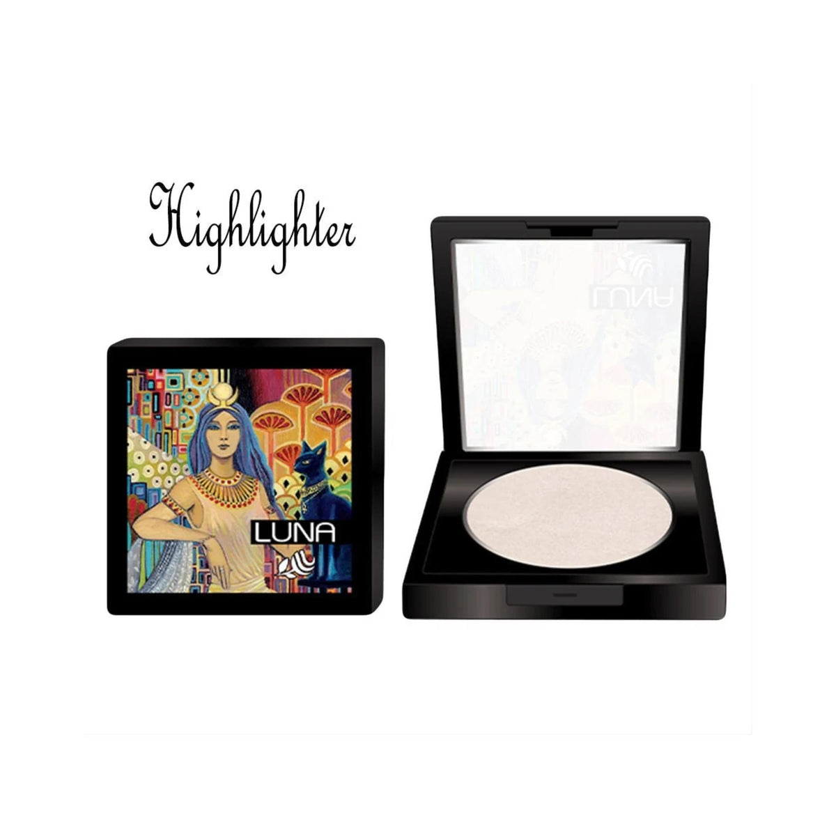 Refect Beauty LUNA wet and dry face powder compact with decorative Egyptian-themed lid and open mirror case