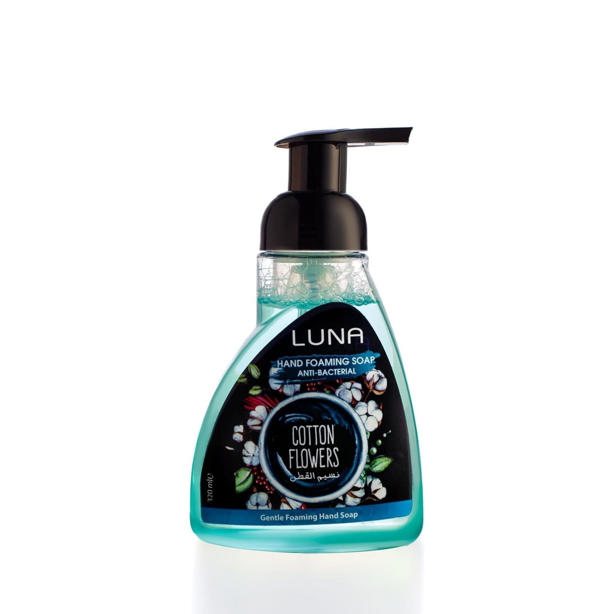 Refect Beauty Luna anti-bacterial foaming hand wash in a teal bottle with a cotton flower label and black pump