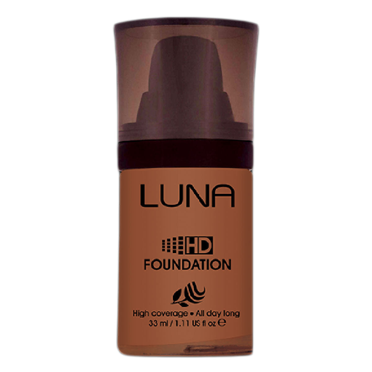 Refect Beauty LUNA HD liquid foundation in a dark brown shade with a sleek pump bottle and dark cap