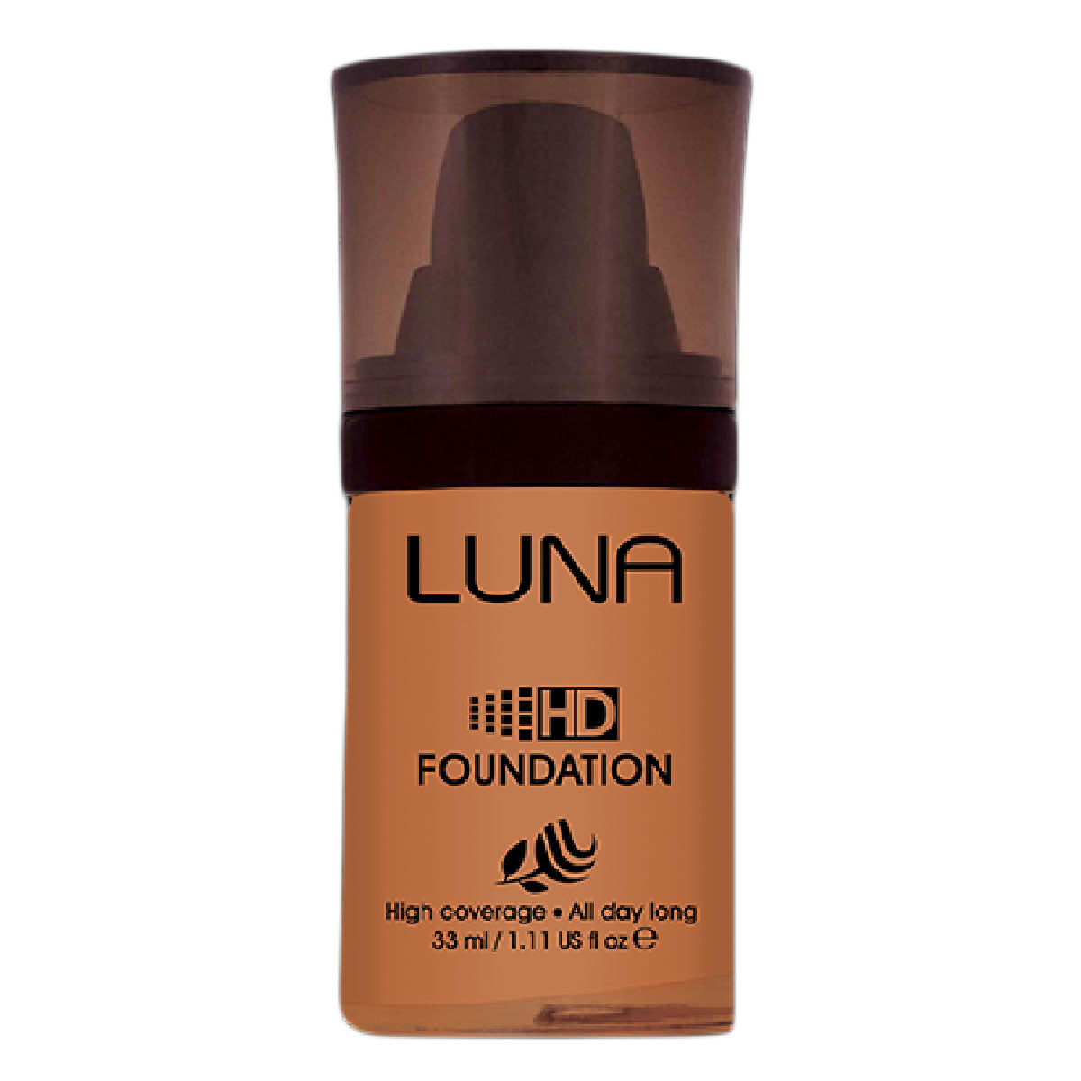 Refect Beauty LUNA HD liquid foundation bottle in a warm tan shade with a dark brown cap for high-definition coverage.
