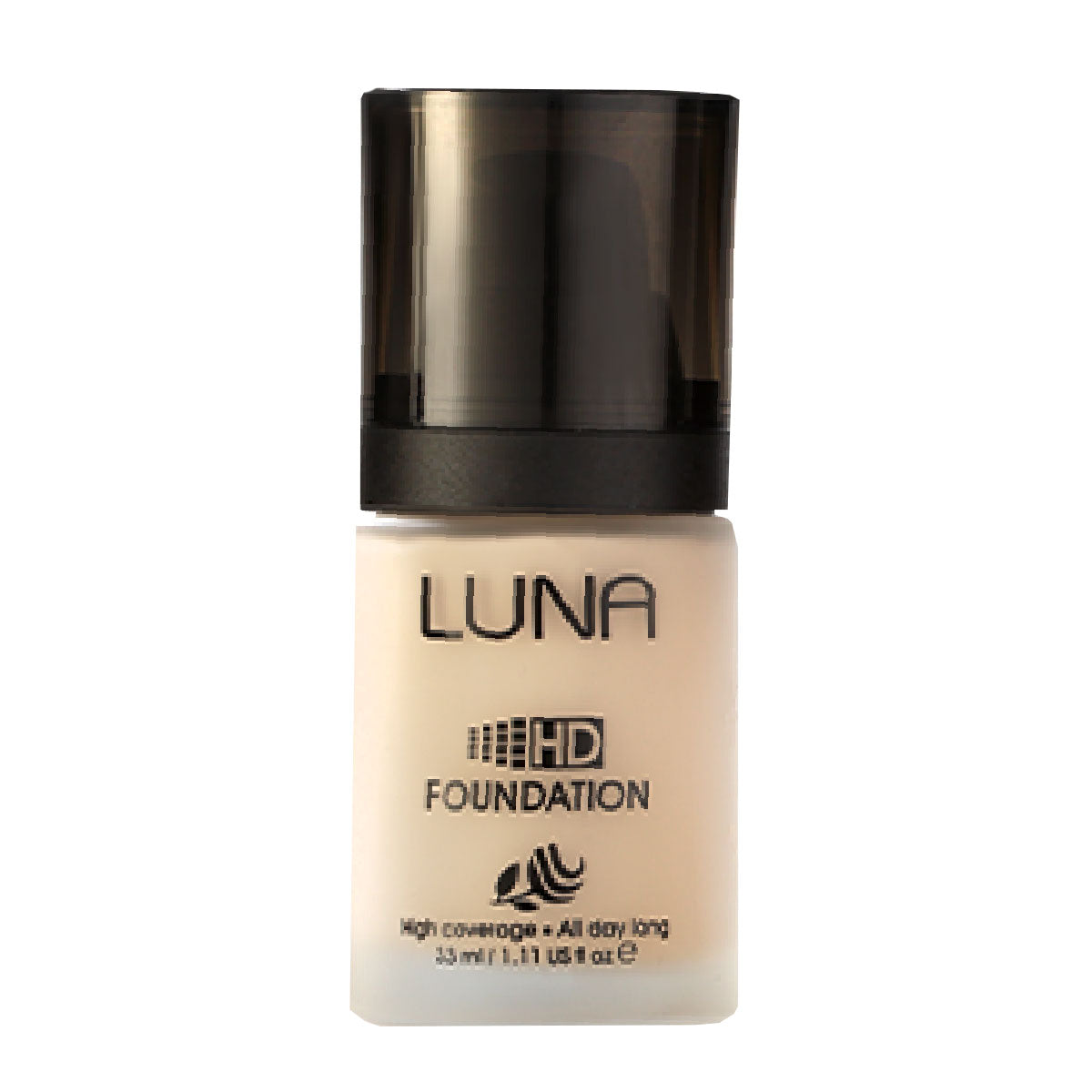 Refect Beauty LUNA HD liquid foundation in a glass bottle with a black cap for a smooth, high-definition finish.