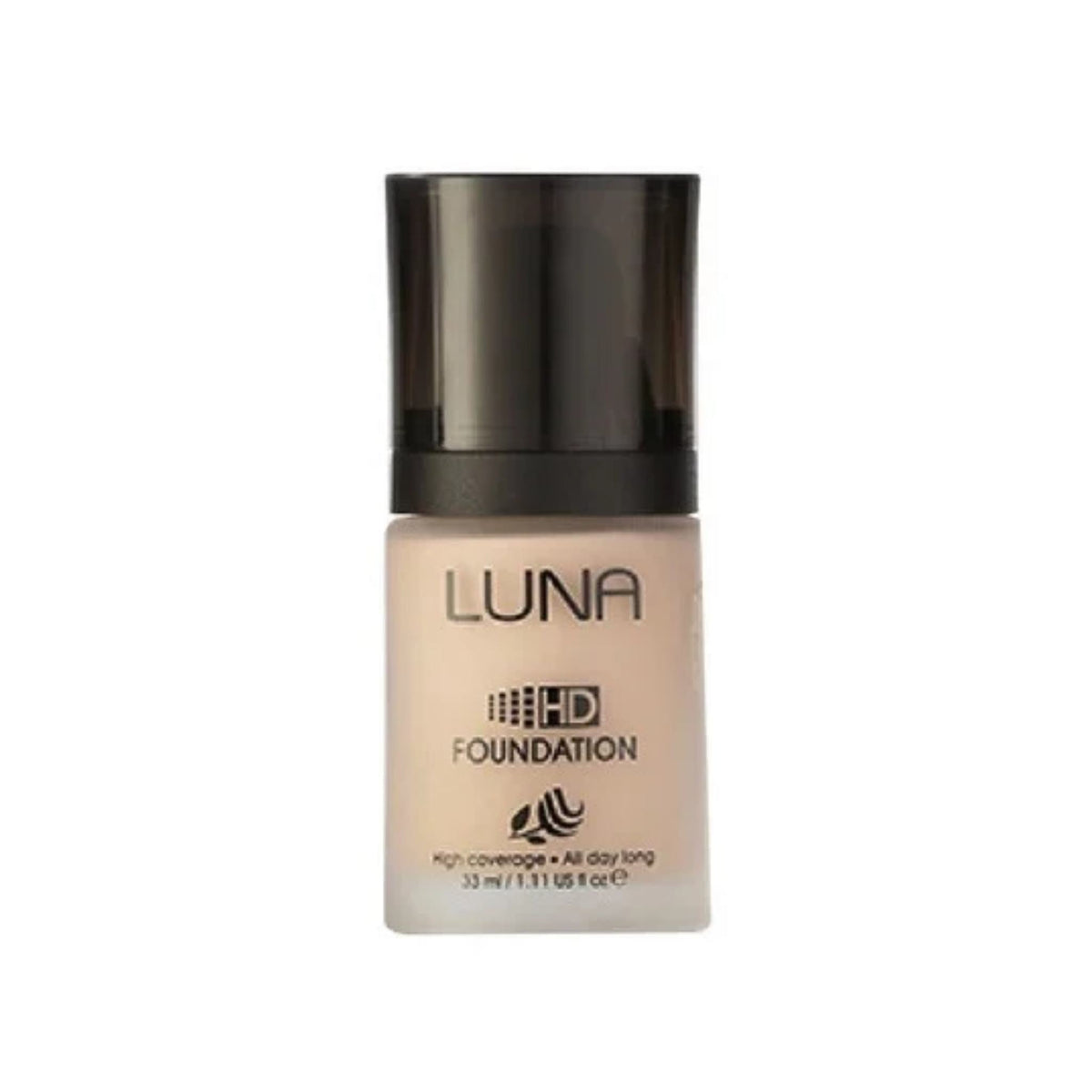 Refect Beauty LUNA HD liquid foundation in a glass bottle with a black cap for a flawless complexion.