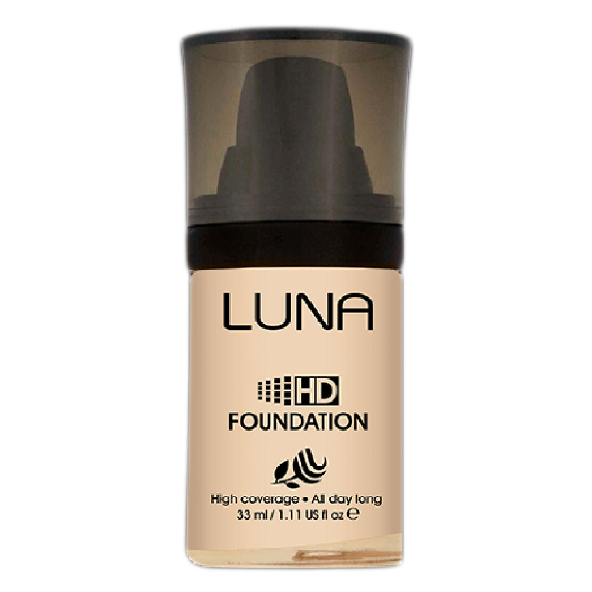 Refect Beauty LUNA HD liquid foundation in a clear glass bottle with a black cap for smooth, high-definition coverage.